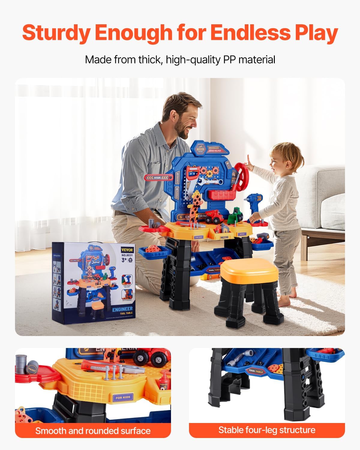 VEVOR Kids Workbench, 181 pcs, Kids Tool Bench with Realistic Tools and Electric Drill, Pretend Play Construction Workbench Toys for Toddlers, Toddler Work Bench Learning Gift for Boys & Girls Age 3+