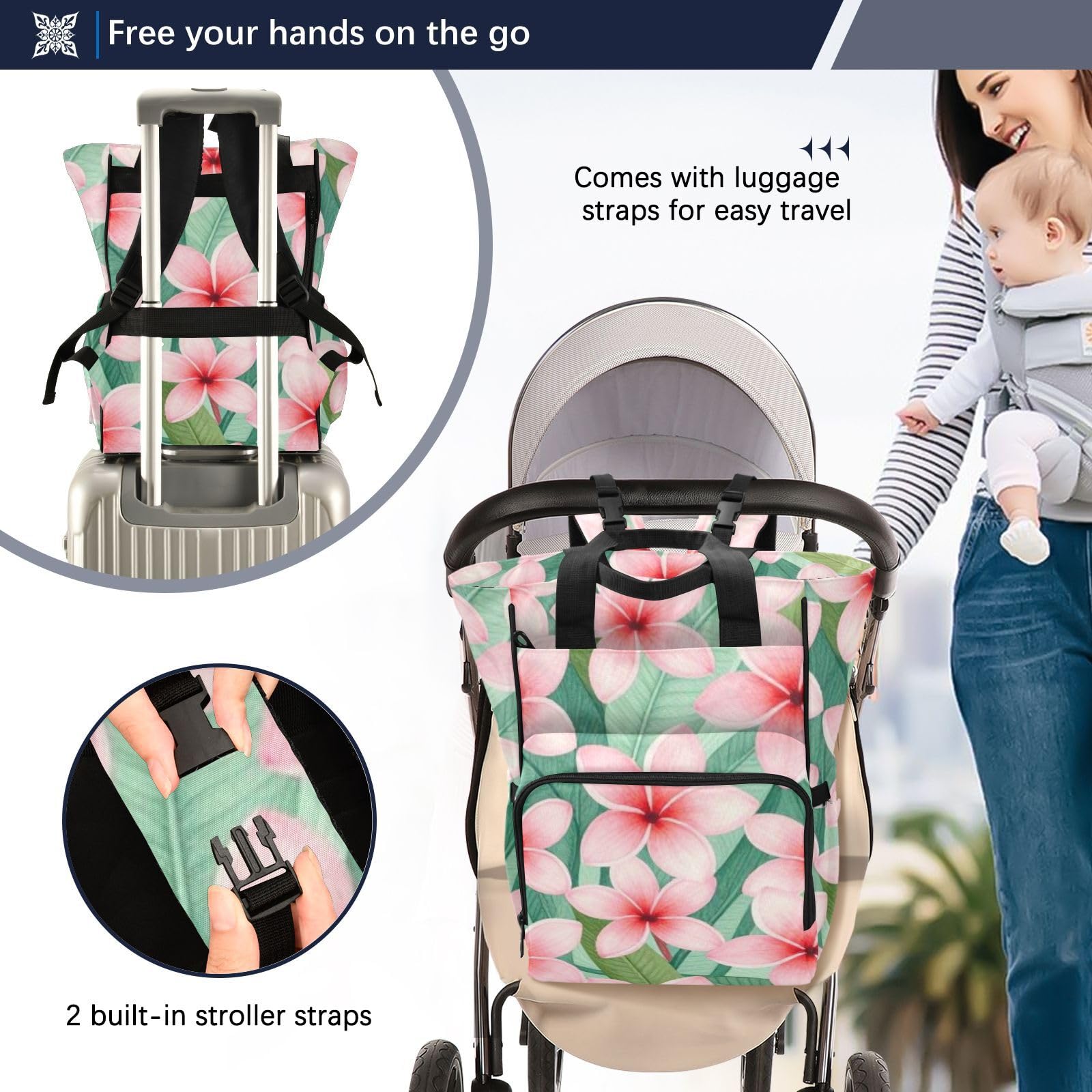 Mochila pañalera para mamás y papás, diseño de frangipani, color rosa