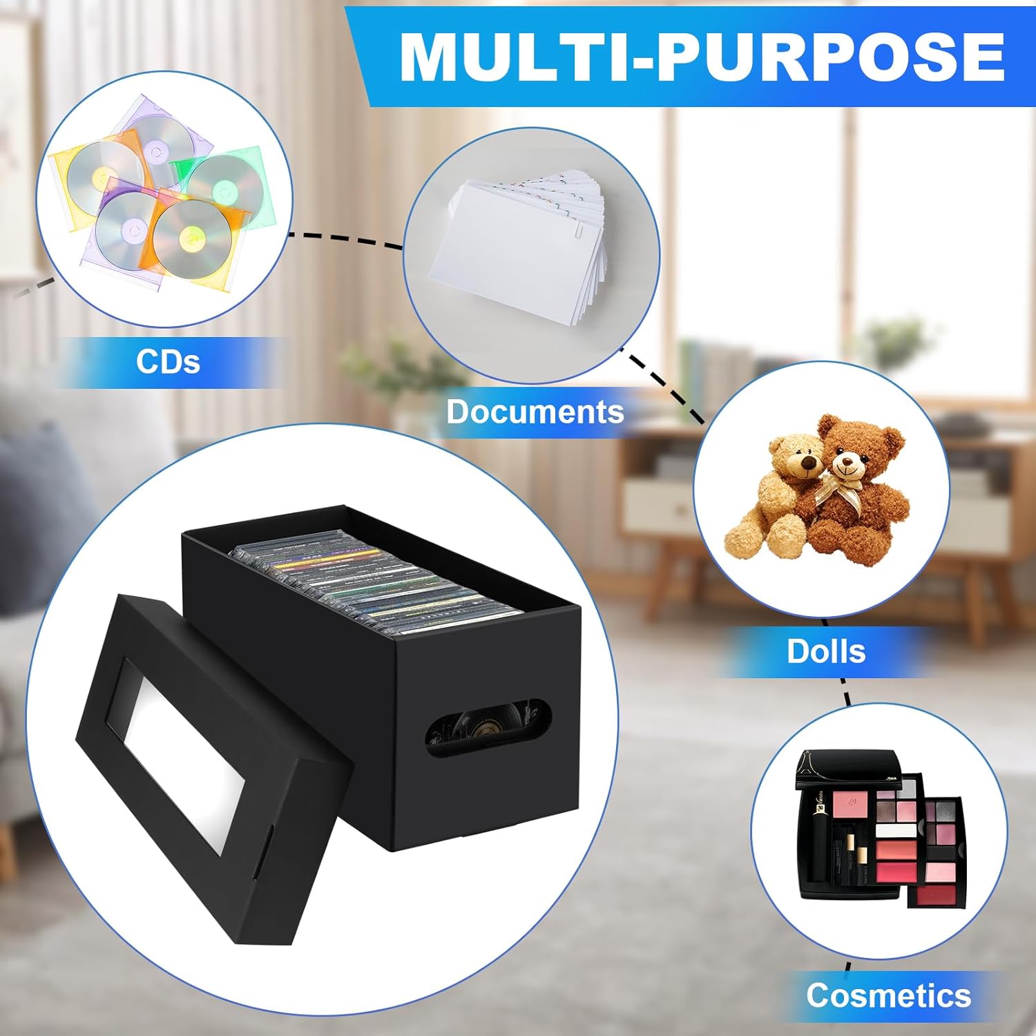 AOBOPLE CD Storage Boxes,4 Pack Cardboard CD Case Storage,CD Case Holder with Lid,Holds 30 CDs in Full Jewel Cases, 60 CDs in Slim Cases, and 165 Discs in CD Sleeves