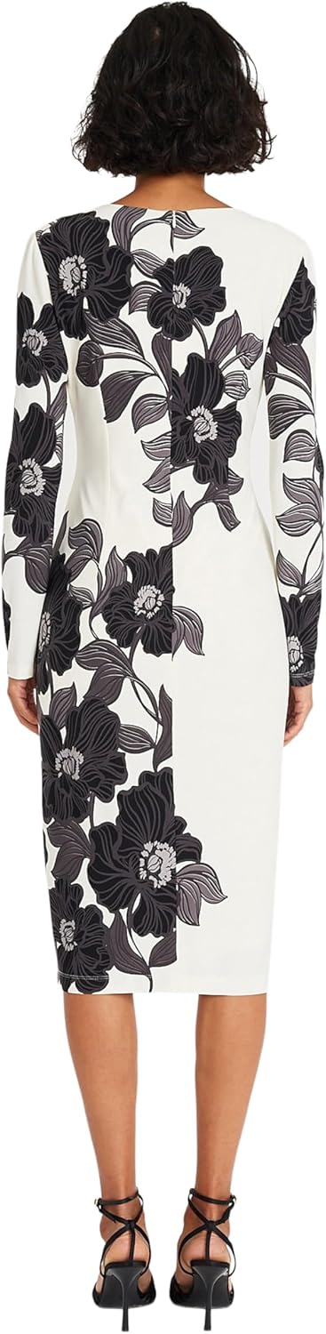 Maggy London Women's Long Sleeve Printed Sheath, Tropadelic Floral-Soft White/Charcoal