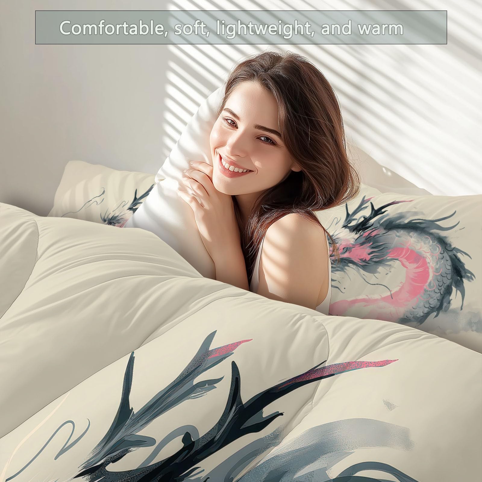 Trapunta stampata 140 x 200 cm Drago cinese reversibile Trapunta Pittura Cinese 4 Stagioni - Beige Trapunte Trapuntate per Letto Matrimoniale 2 Persone, Edredon Trapunte senza Houss e 2 federe 65 x 65