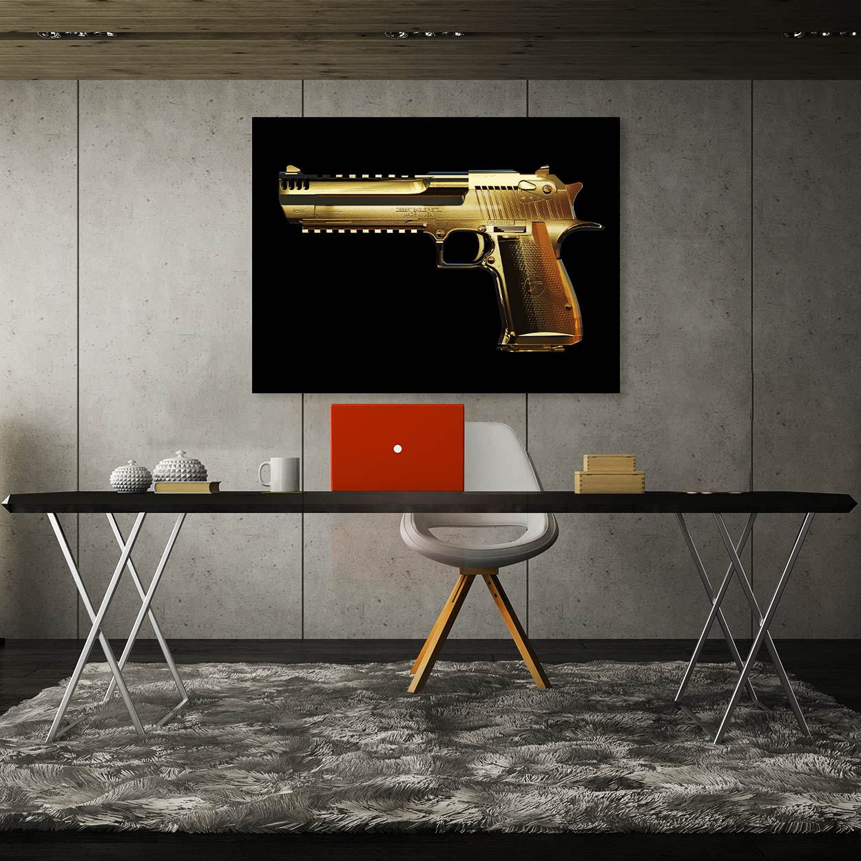 Arte en lienzo de águila del desierto, pistola de oro, ejército, soldado militar, decoración del hogar, póster de pintura, talla XL, 48 x 36 pulgadas, 1.5 pulgadas, lienzo de sentido