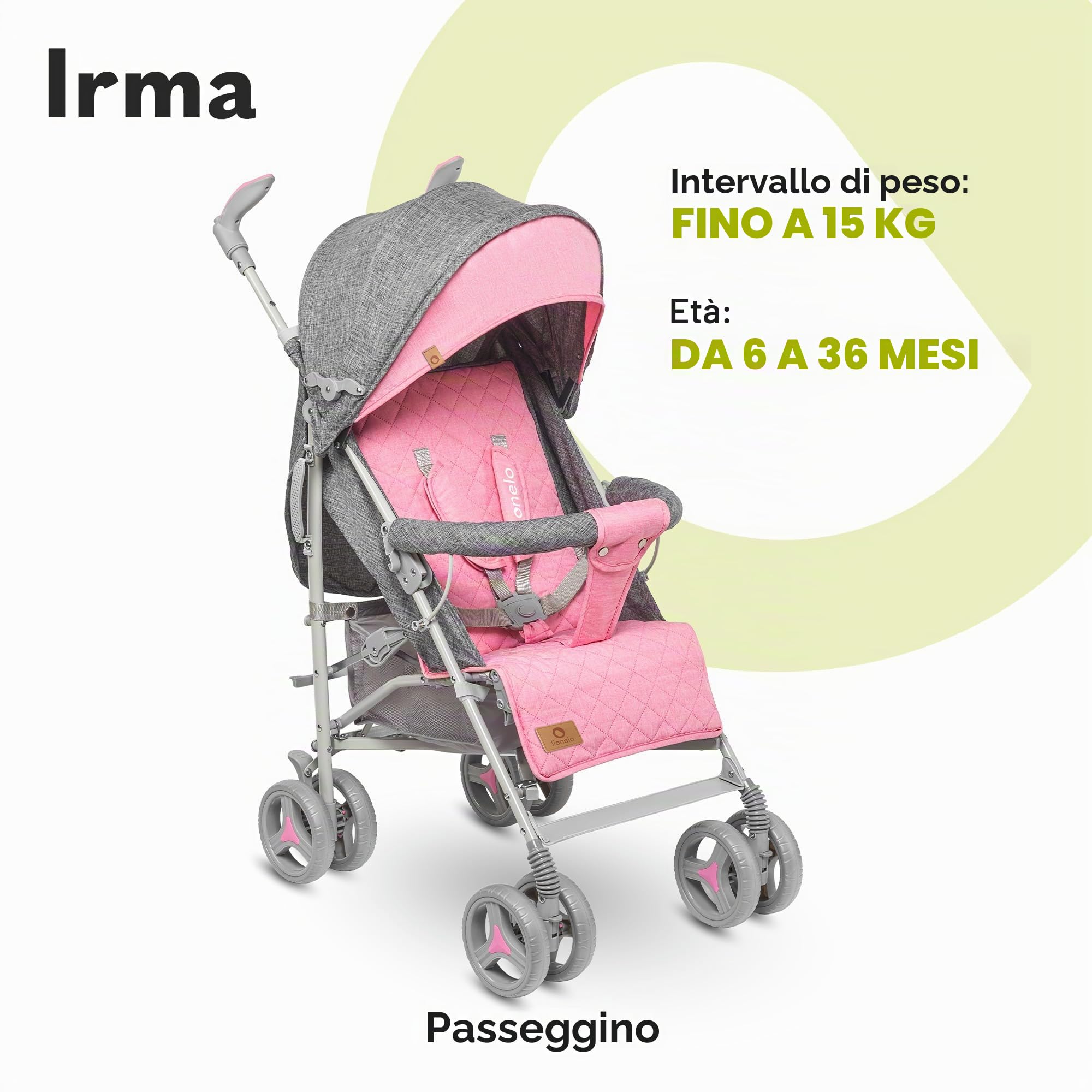 LIONELO Passeggino IRMA leggero e pieghevole per bambini fino a 3 anni, funzione sdraiata, imbracatura a 5 punti, ruote grandi da 6", zanzariera, cestino grande e cappuccio, maniglie girevoli
