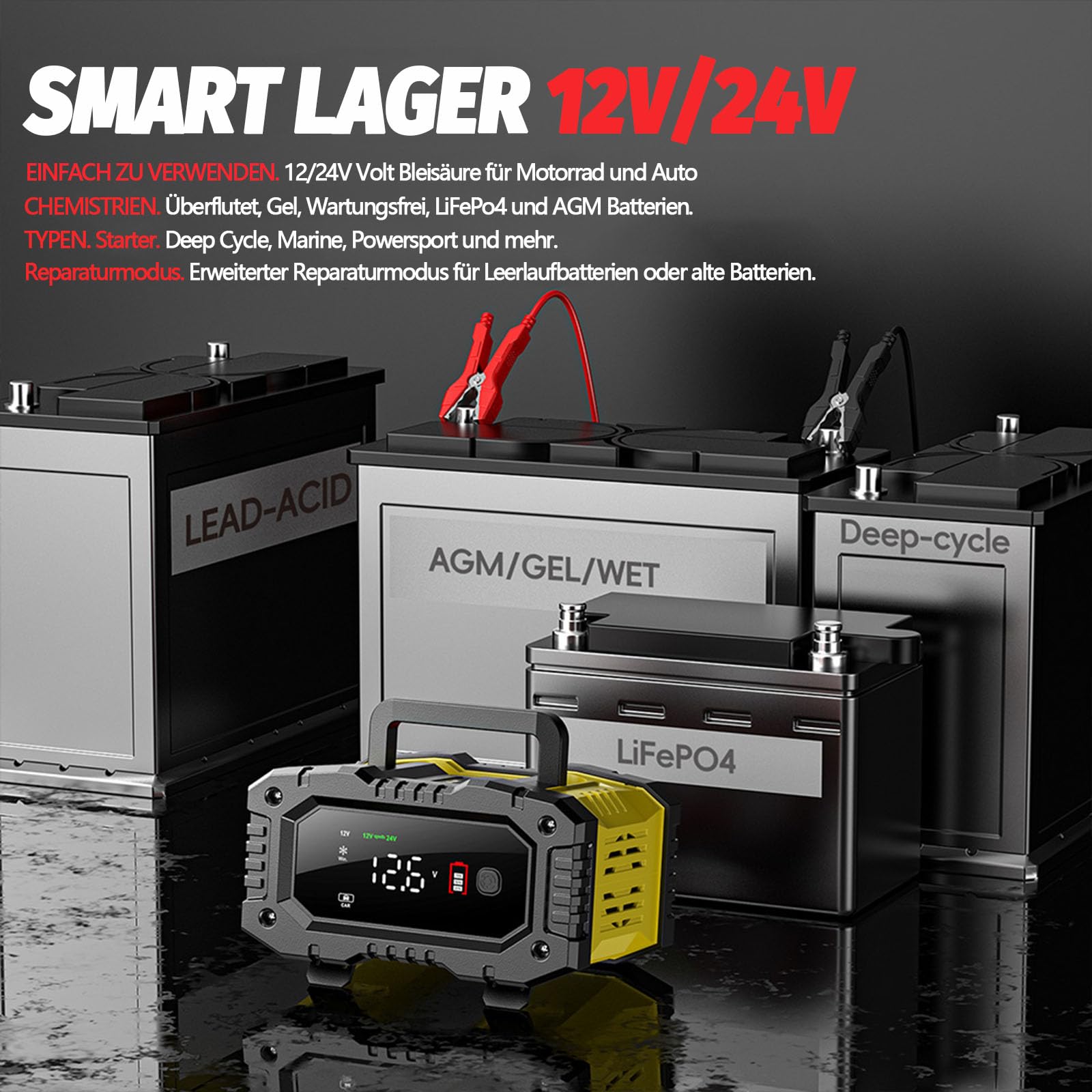 10 A ładowarka do akumulatora samochodowego 12 V/24 V, w pełni automatyczna ładowarka LiFePO4, ładowarka naprawcza, ładowanie impulsowe, odsiarczanie, prąd ładowania 1,5/5/10 A, ładowanie
