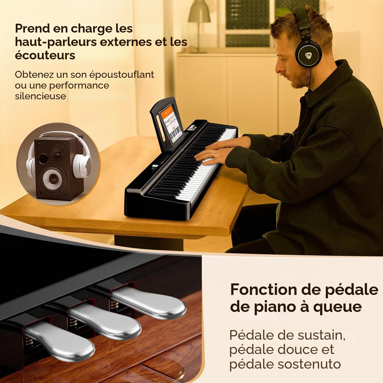 TERENCE Pliable Piano Numérique 88 touches avec Haut parleur 2x25W Batterie de 2000mAh lestées Pédale de Sustain interface MIDI avec support de partitions Bluetooth Sacs pour Piano Câble audio Casque
