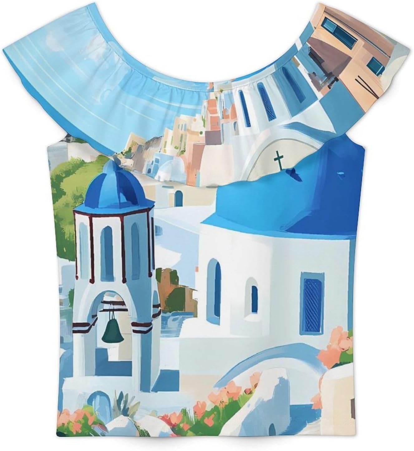 Santorini Greece Girls T-Shirts Top Ruffle Short Sleeve Blouse Casual Graphic Tees