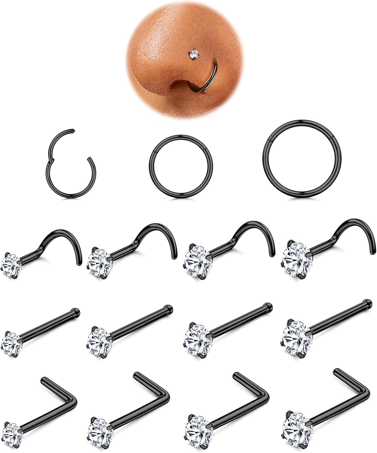 ORAZIO Nose Rings for Women - 14K Gold Filled Hypoallergenic Surgical Steel Nose Ring Hoops 18G/20G Small Cute CZ Straight Screw L Shaped Nose Studs Piercings Jewelry for Women Men 15Pcs