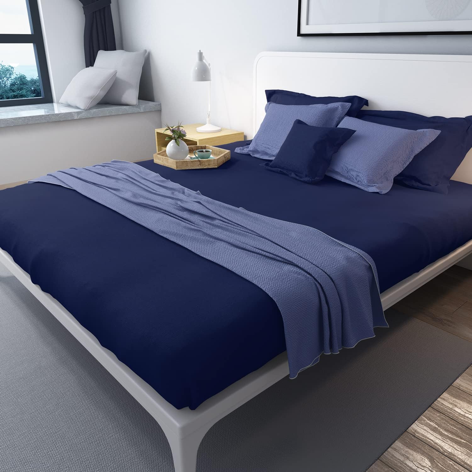 Lirex 2-Pack Queen Size Flat Sheet Set, Ultra-Soft Brushed 1800 Microfiber, Breathable & Wrinkle-Free, Machine Washable (Navy Blue)