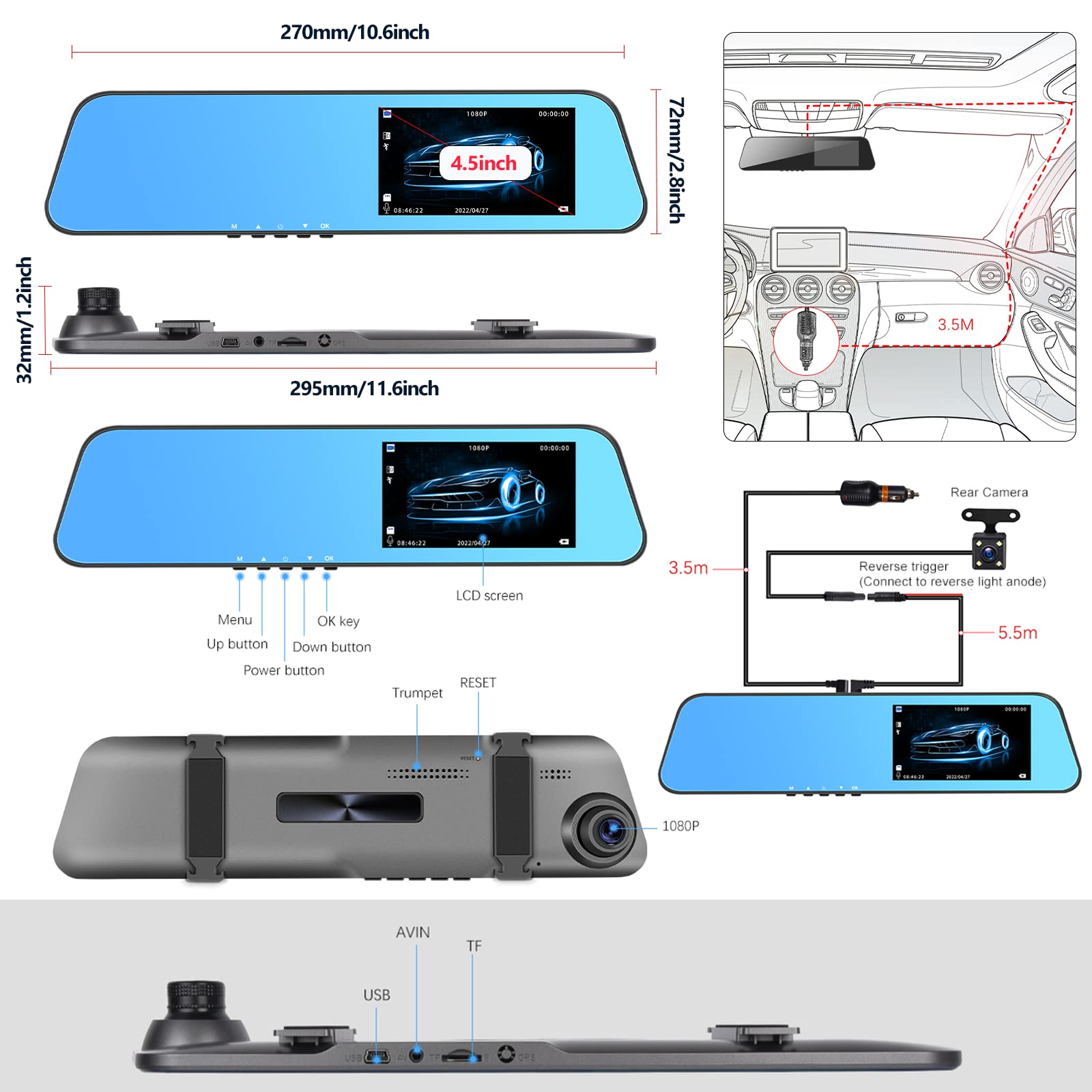CAMECHO Spiegel Dashcam mit Rückfahrkamera 4.5'' Bildschirm Full HD 1080P, Dual Dash Cam Spiegel Auto Vorne und Hinten,Super Nachtsicht mit DVR Loop-Aufnahme