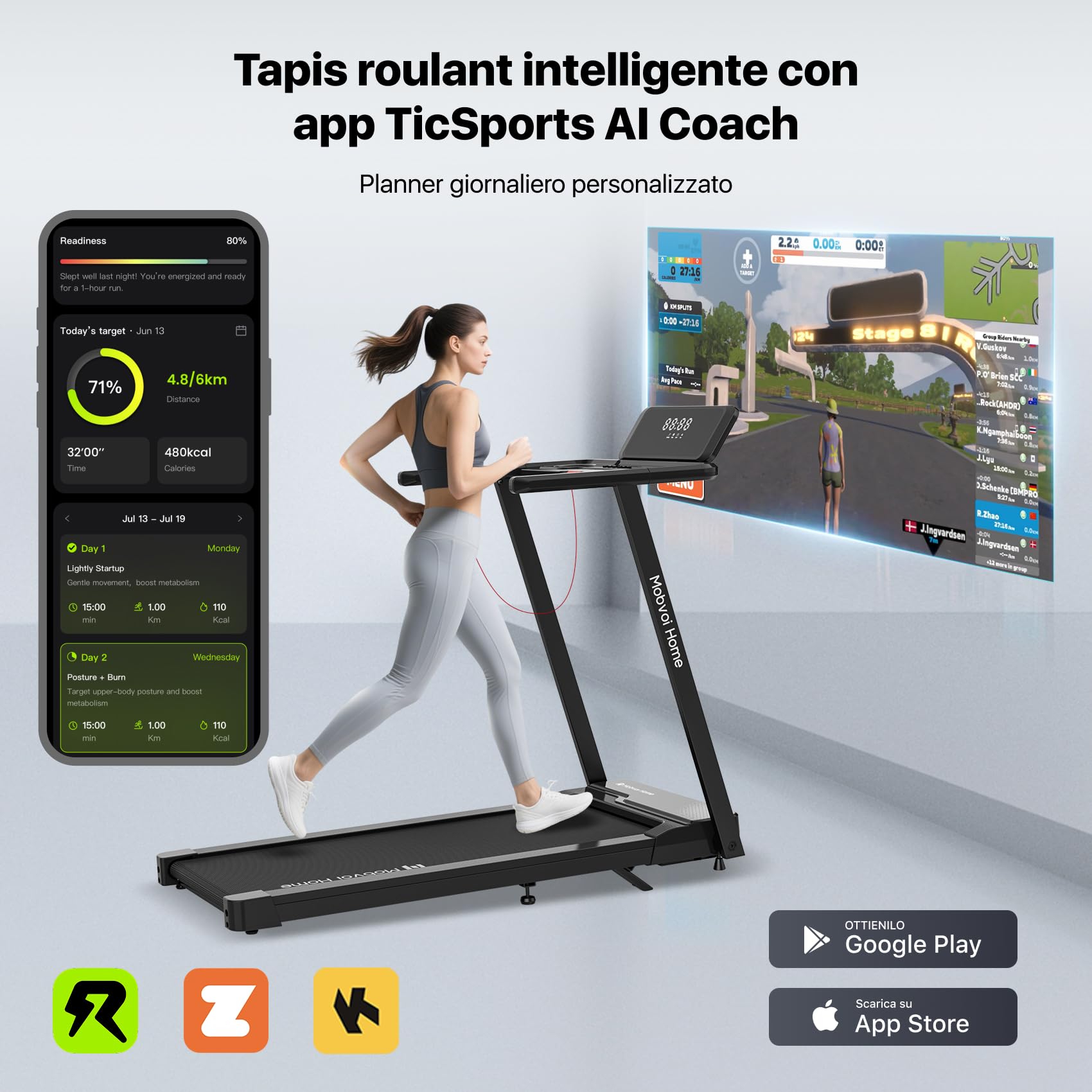 Mobvoi Home Tapis Roulant Ultra AI Intelligente 3 in 1 con Inclinazione del 6%, 12km/h 2,5HP Supporto per Tapis Roulant per Tazza Telefono Laptop Ampia Area di Corsa TicSports Zwift Kinomap 120kg