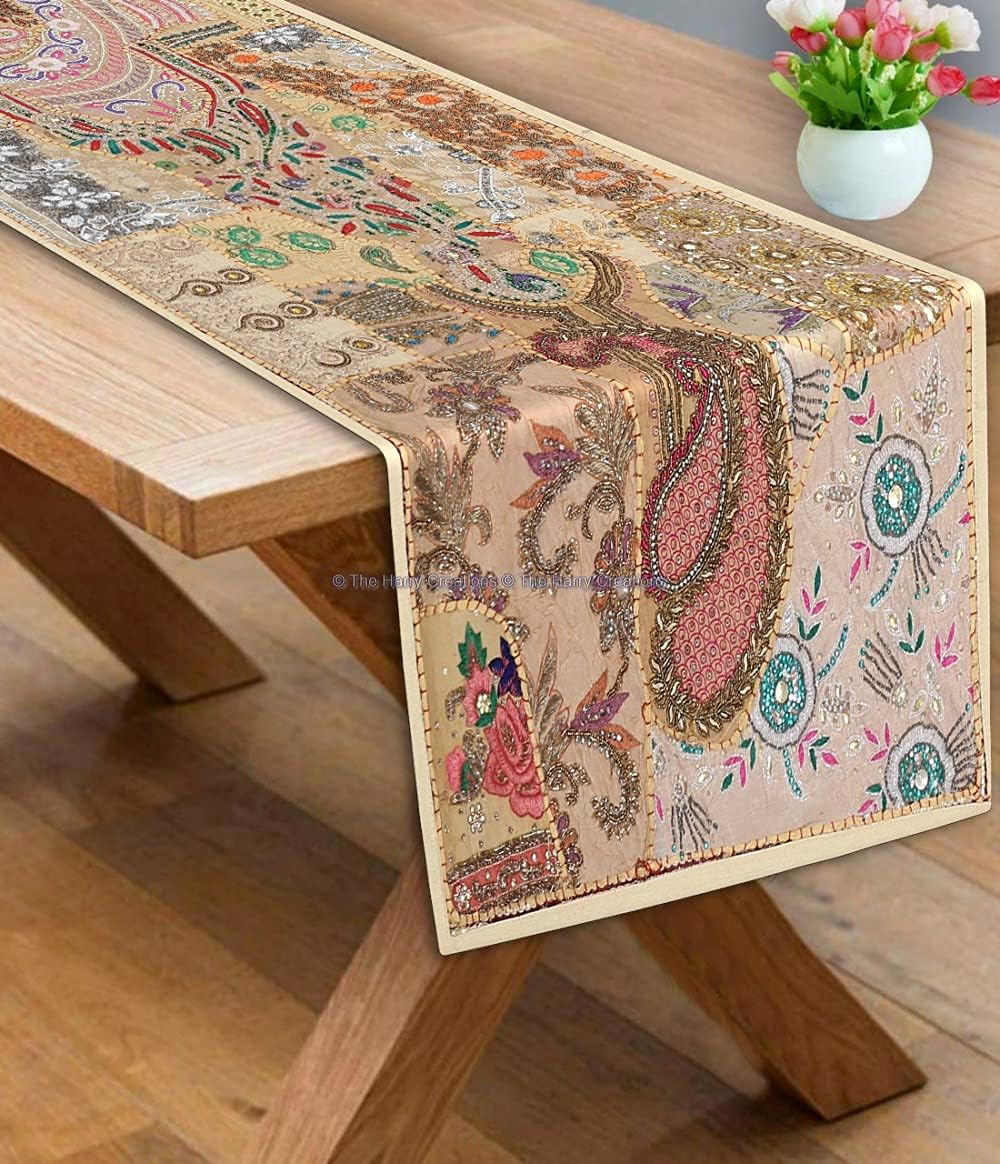 The Harry Creations Ethnic Table Cloth Beads Handmade Cotton Decorative Embroidered Indian Dinning Patchwork Decor Art Room Table Runner (Beige, 16" x 60")