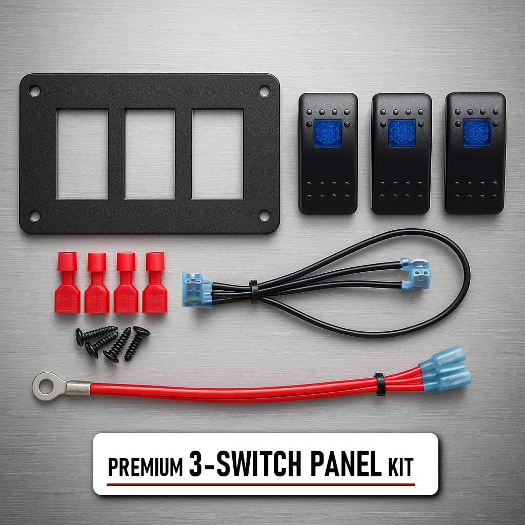 MGI SpeedWare 3 LED Rocker Switch Panel, 12/24vDC Automotive and Marine, Black Powdercoat Steel (Blue)