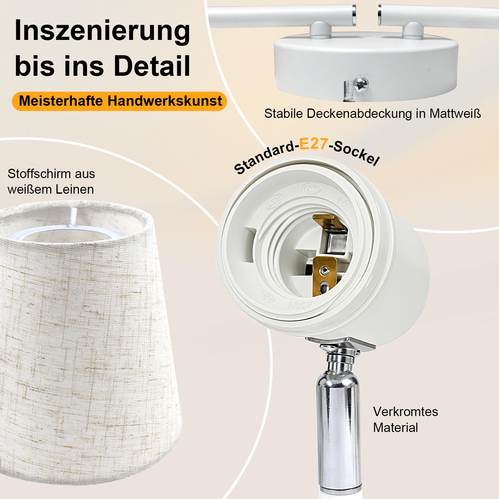 Deckenstrahler 4 Flammig Deckenlampe E27 Weiß | Deckenleuchte Schwenkbar 350°, Leinen Lampenschirm, für Wohnzimmer, Flur, Küche, Schlafzimmer, Ohne Leuchtmittel