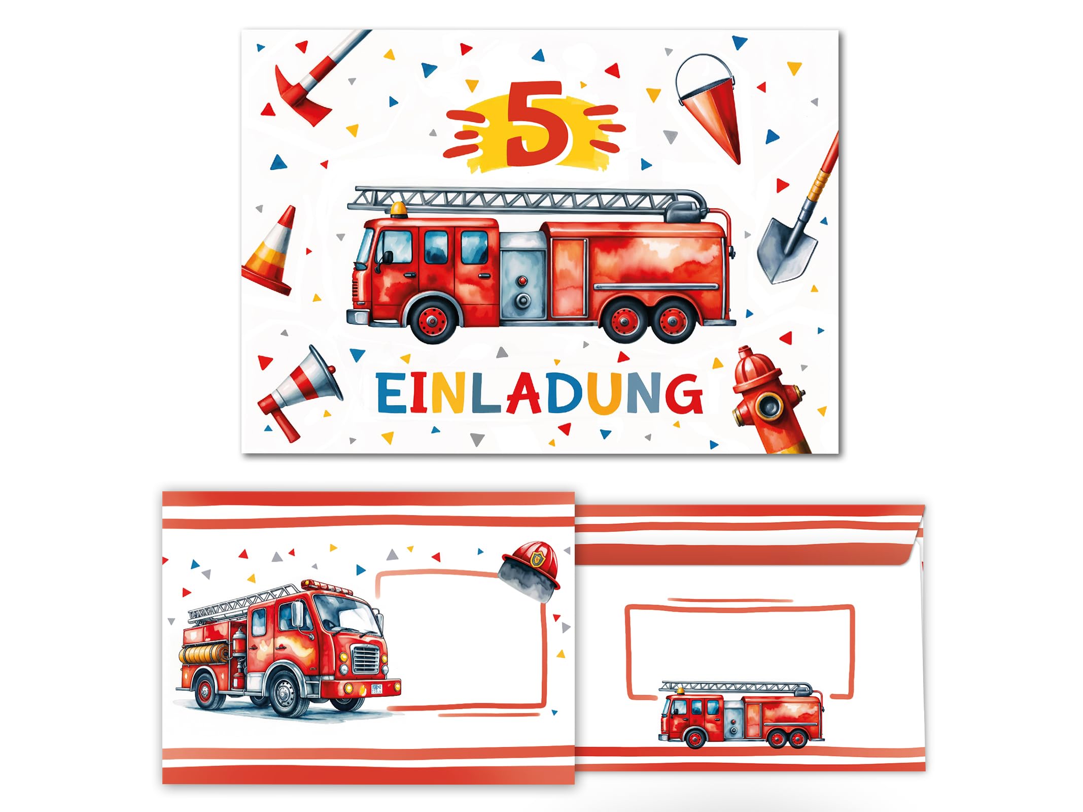 Junaversum 8 Einladungskarten inkl. 8 Umschläge zum 5. Kindergeburtstag Jungen Kinder Feuerwehr Junge coole bunte Einladungen fünfte Geburtstag Geburtstagseinladungen Kids
