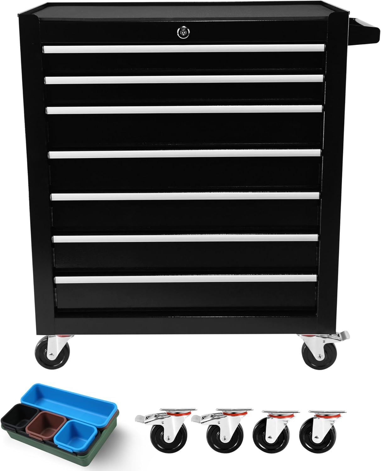 Tool Chest with 7 Drawers, Tool Cart with 7 Organizer Tray Divider Set & Wheels, Rolling Tool Box Organizer for Garage, Workshop, Home Crafts