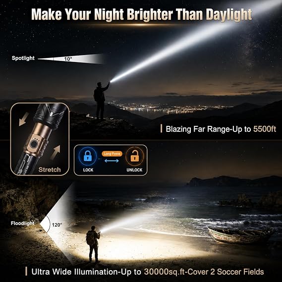 SKYFIRE Rechargeable Flashlight with Ignition Lens &Yellow Blue Light-Upgraded, 5000 LED Super Bright Flashlights High Lumens, Zoomable,6Modes,Waterproof Tactical Flash Light for Outdoor,Home &Gift