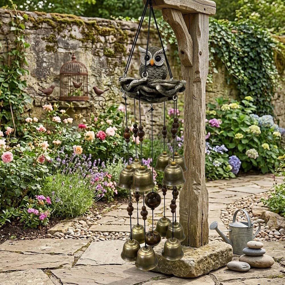 Campanillas de Viento Búho Resina Rústica 65cm para decoración Jardín Patio Sonido para suave Colgante Exterior(Gray)