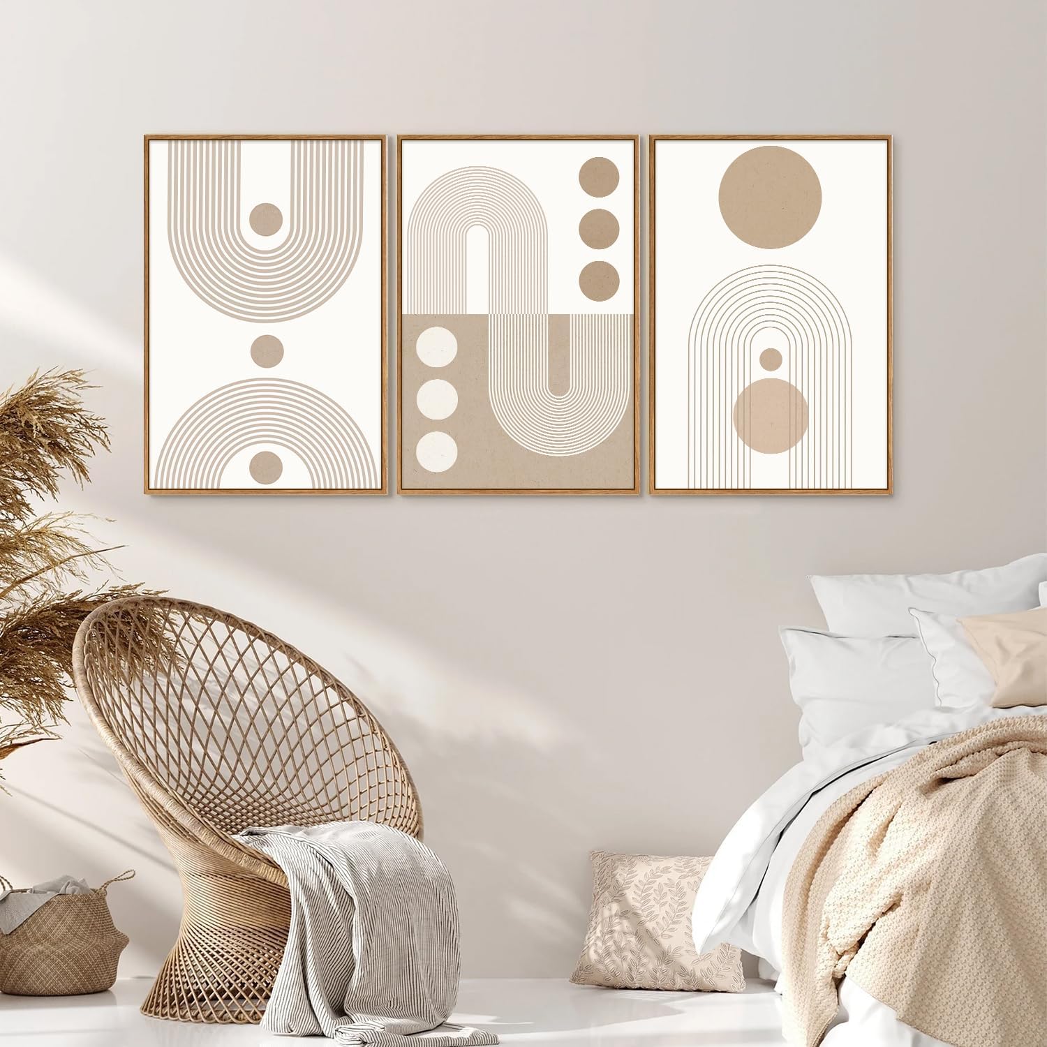 YeeHomedec Boho Beige Neutral Framed Canvas Wall Art, Mid Century Modern Wall Decor, Bohemian Abstract Minimalist Artwork, Geometric Line Circle Art Painting for Living Room Bedroom Office 16"x24"x3