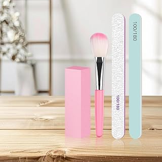Nail Art Tools Set: Pink Tofu Blocks with Gray-White Logo Sand Strips, Polishing Strips + Pink Dusting Brush | Essential for DIY Manicure at Home