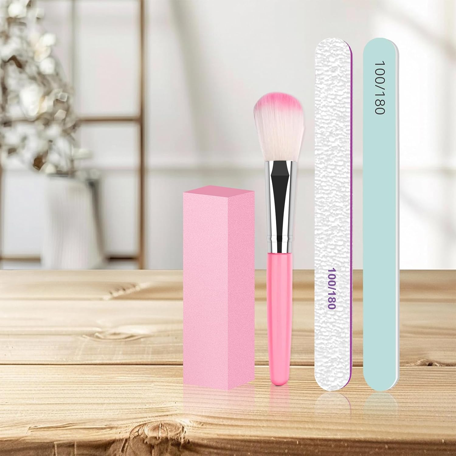 Nail Art Tools Set Pink Tofu Blocks with Gray-White Logo Sand Strips Polishing Strips Pink Dusting Brush Essential