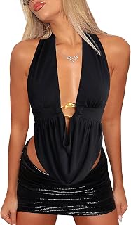 Women's Sexy Halter Going Out Tops Backless Deep V Cowl Neck Y2k Summer Crop Tank Tops Festival Club Concert Outfits