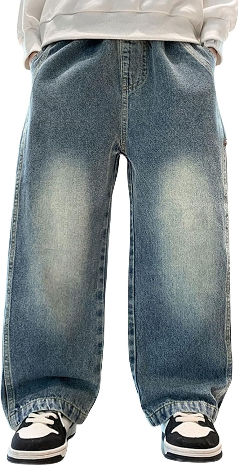 Girl's Baggy Wide Straight Leg Jeans High Elastic Waisted Denim Pants Kid 7 to 14Y