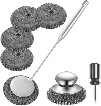 Stainless Steel Wool Metal Wire Scrubber Sponge Scouring Pads Brush Set with Handle for Cleaning Dishes,Pots and Pans,Kitchen Cast Iron,Stoves, Sink,Cooking Tools,Silver7pcs