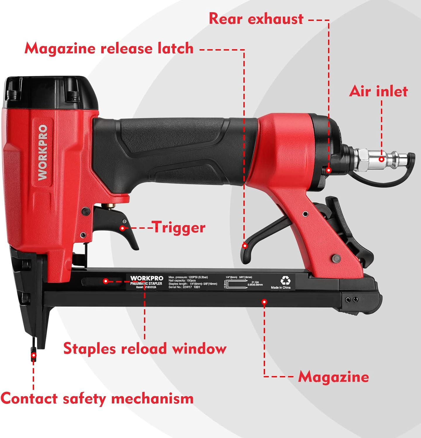 WORKPRO 8016 Pneumatic Staple Gun, 21 Gauge Upholstery Stapler with 1500pcs Staples 1/4" to 5/8", Air-Powered, Rear Exhaust, for Carpentry, Woodworking and DIY Projects