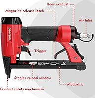 Vista 2 de WORKPRO Pistola de grapas neumática 8016, grapadora de tapicería de calibre 21 con 1500 grapas de 14 a 58 pulgadas, accionada por aire, escape