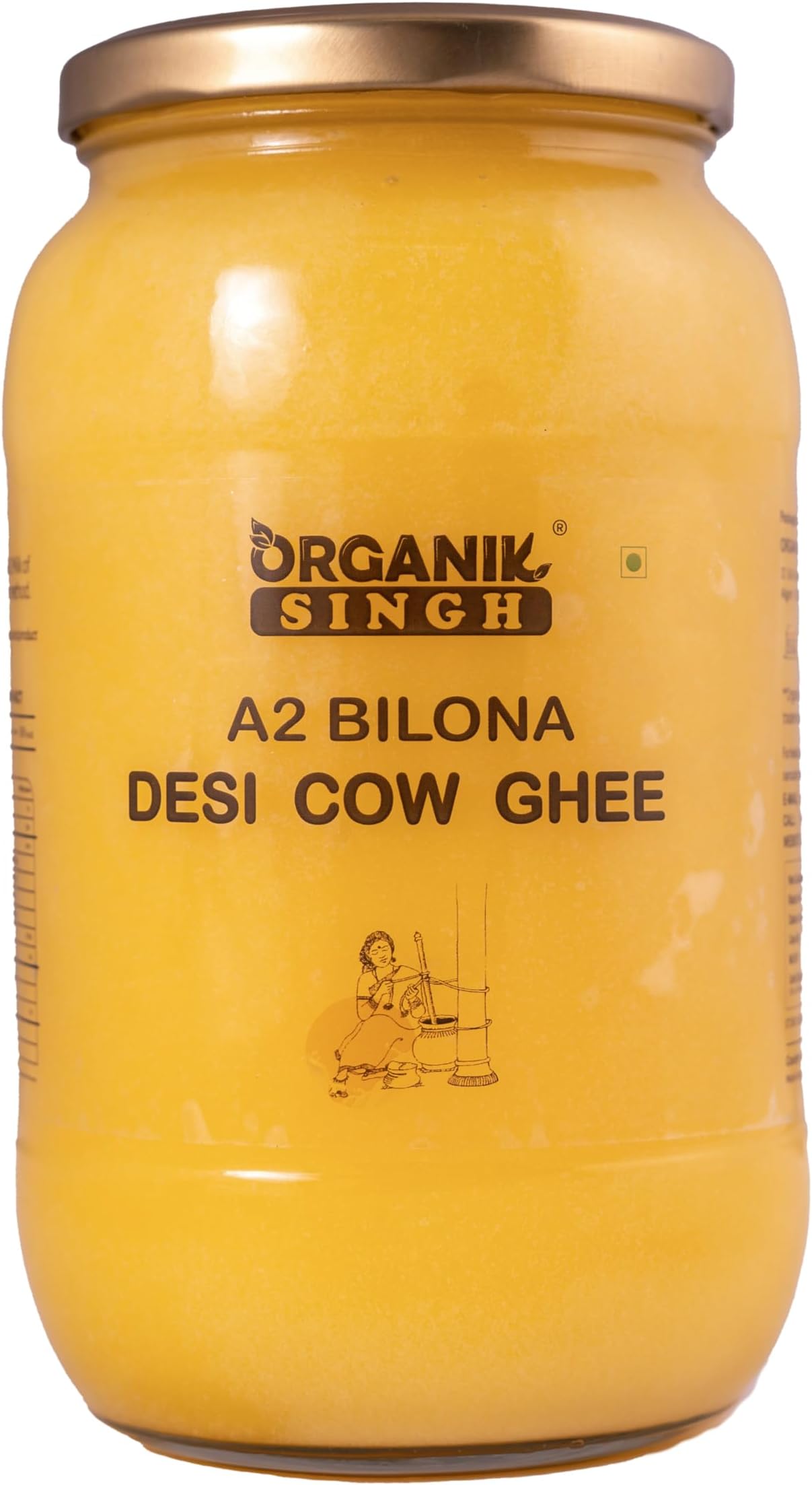Organik Singh A2 cow Desi Ghee – 1 LITRE | Made using Vedic Bilona Method | A2 Certified | Curd – Churned A2 cow ghee | Grass-fed Desi cow ghee | Lab Tested | Packed in Glass Jar