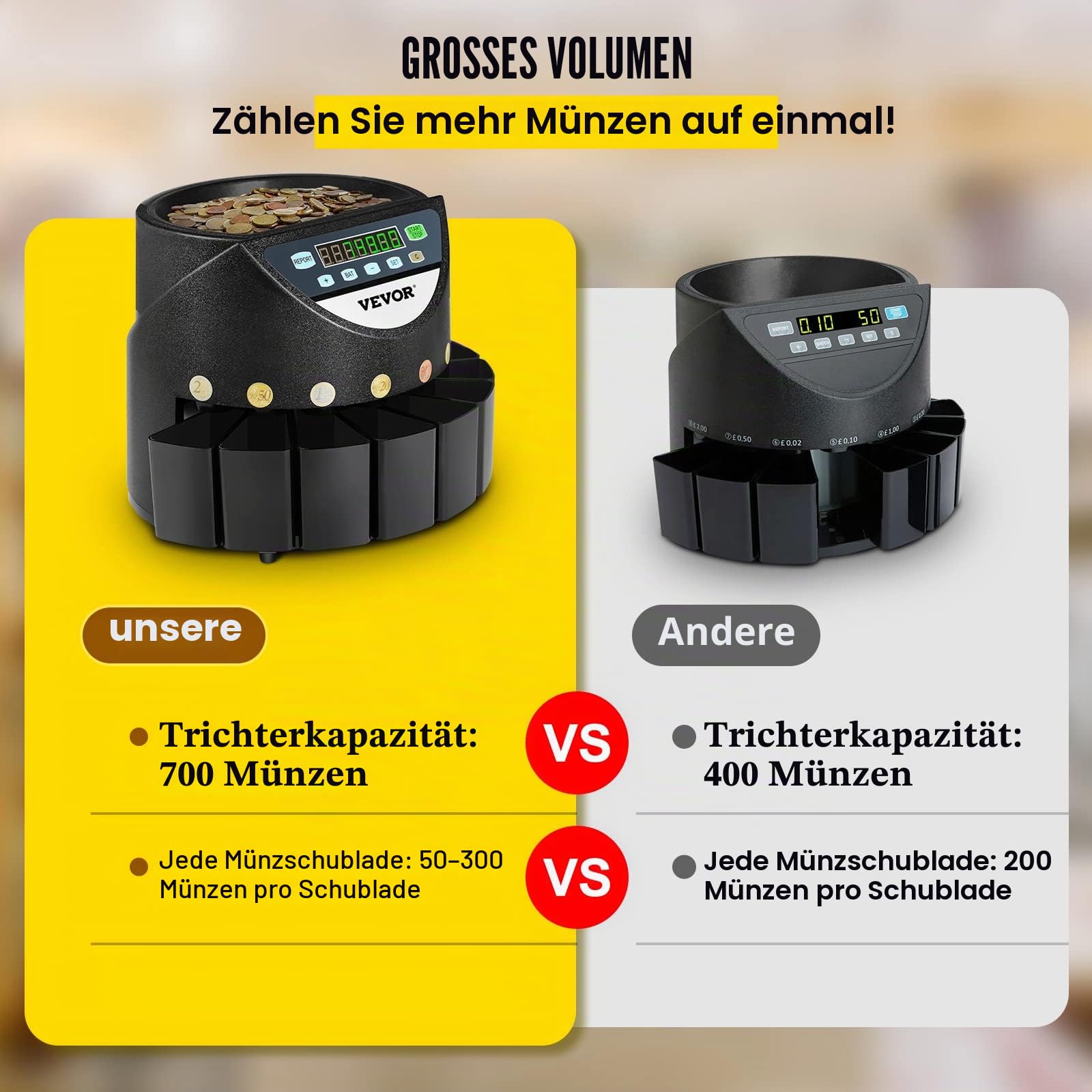 VEVOR Euro Münzzähler Sortierer 500-1000 Münzen Elektronische Automatik EUR Münzzählmaschine 300 Münzen pro Minute mit 8 Münzschubladen für Schulladenbank, schwarz