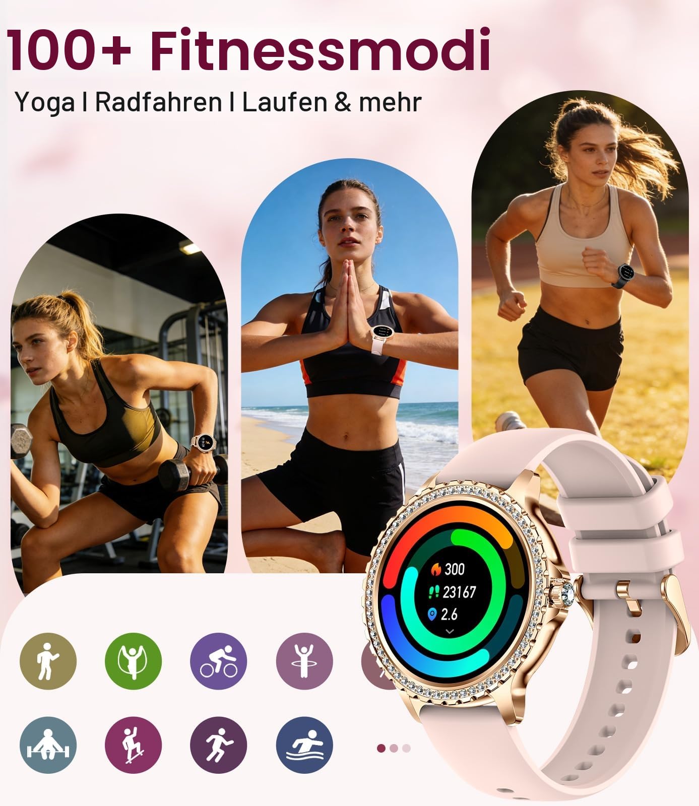 LIGE Smartwatch Damen Bluetooth Anrufe für Android iOS Smart Watch Damen 100+ Sport Activity Tracker 1,32" HD Touch Screen Herzfrequenz Schlaf Monitor Diamant Rosegold Stahl Frauen Smartwatch