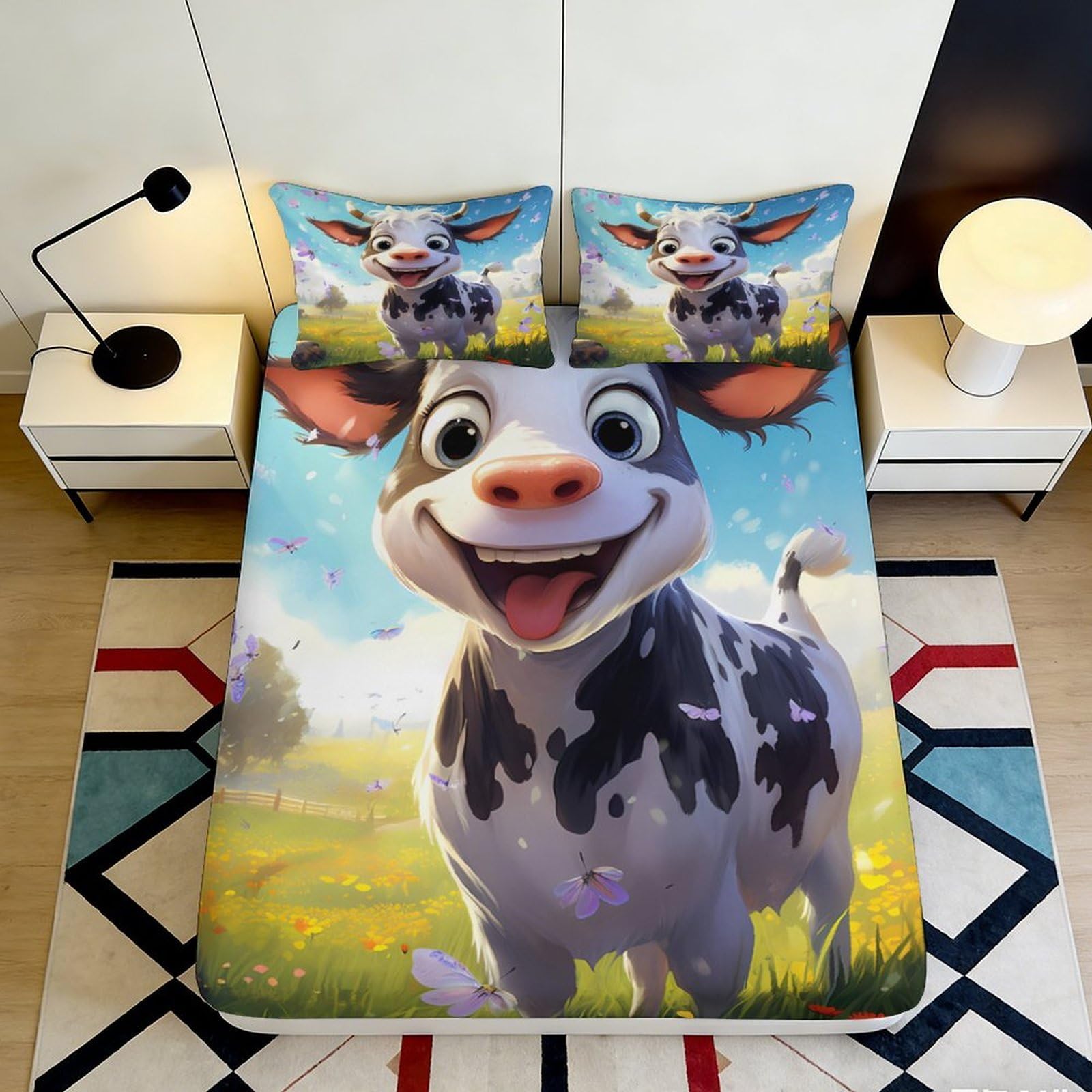 3D Printed Cartoon Happy Cow Fitted Sheet Microfiber Soft Anti-Slip Farm Meadow Bed Cover for Bedroom Dorm Decor 140x200x25cm