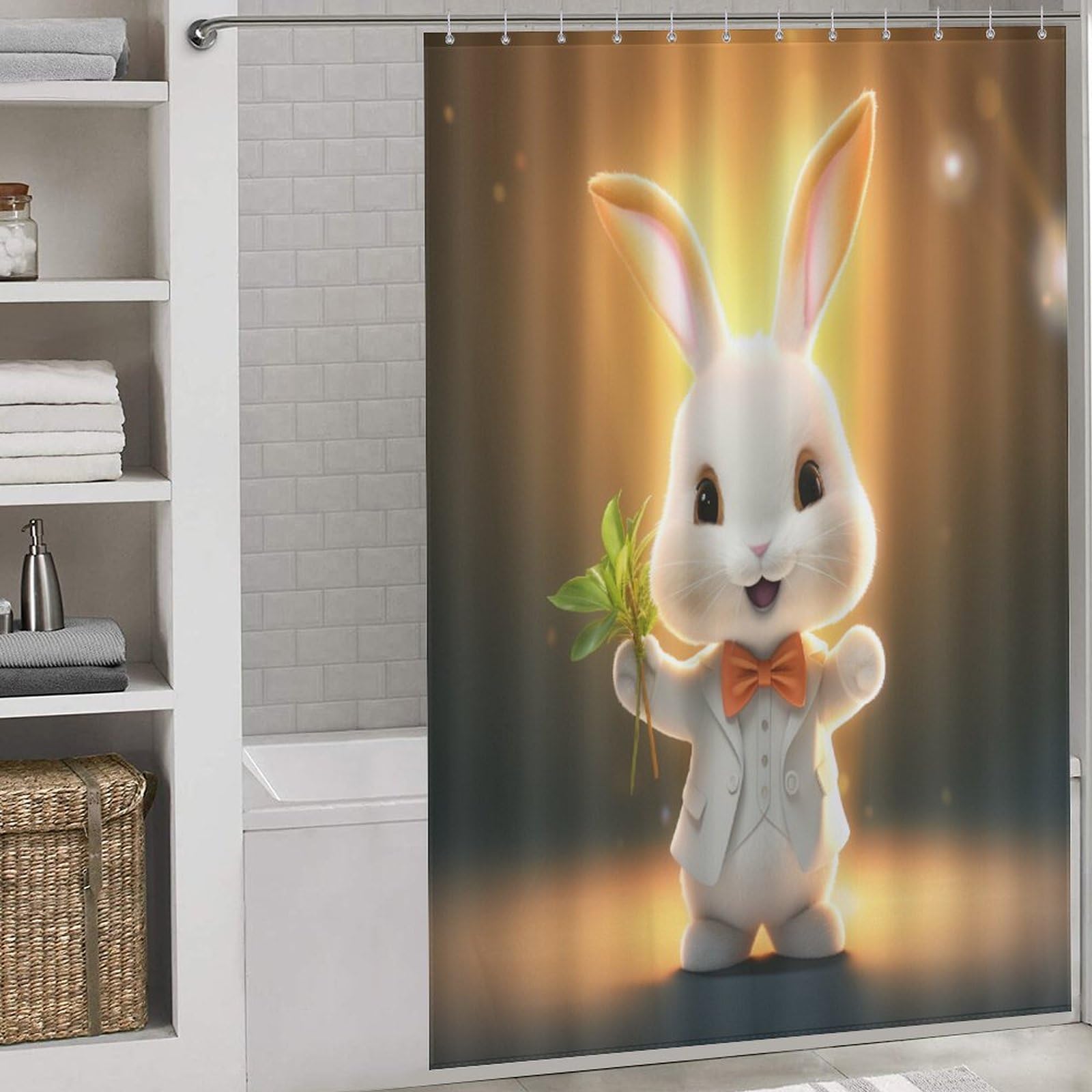 Rideau de douche lapin pour égayer la salle de bain familiale avec un tissu imperméable
