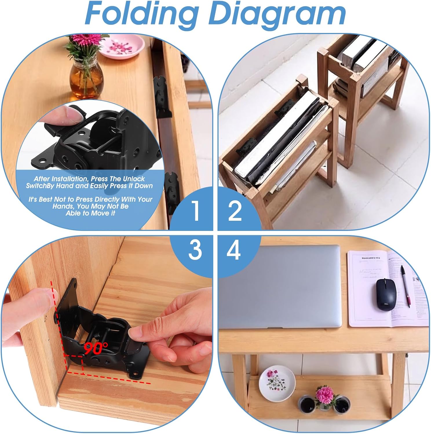 8 Packs Folding Brackets, Self-Locking Hinges with Screws & Non-Slip Pads, 500LB Capacity Adjustable Support for Table/Bed/Desk Legs, Quick-Install Heavy-Duty Extension Support Bracket
