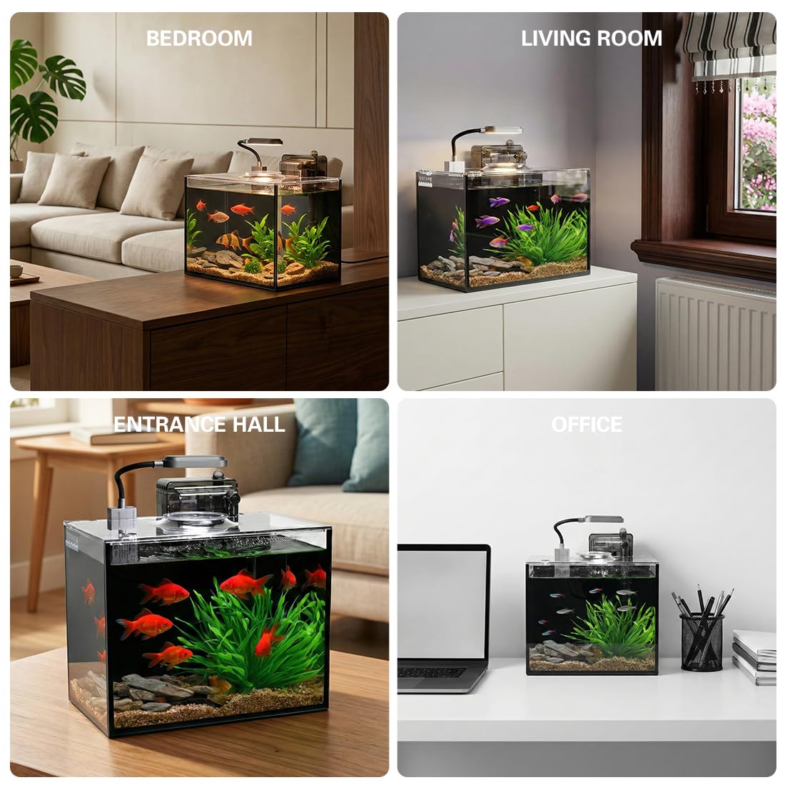 Betta - Tanque de peces, kit de iniciación de acuario, kit de pecera de 2.8 galones, acuario pequeño, acuario pequeño, nano acuario ultra transparente con luz, filtro, adoquines, arena y plantas