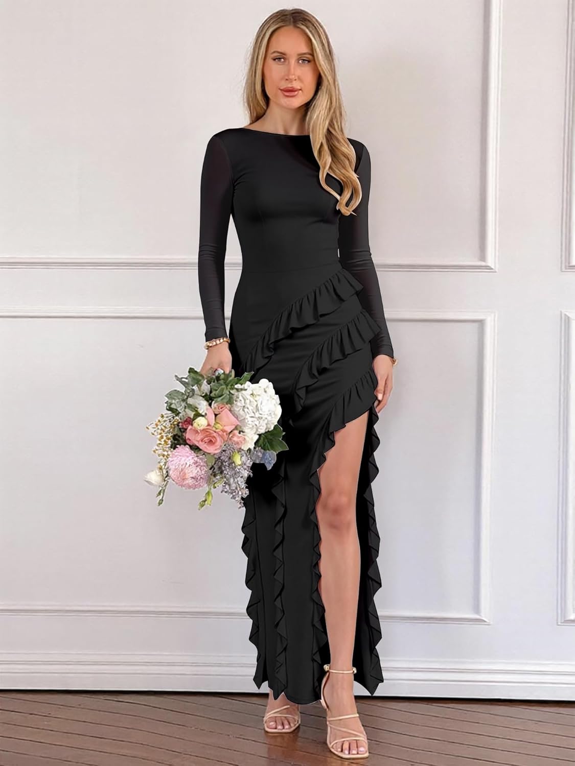 HOCILLE Women's Sexy Boat Neck Bodycon Maxi Dresses Long Sleeve High Slit Ruffle Cocktail Party Dress - Image 4