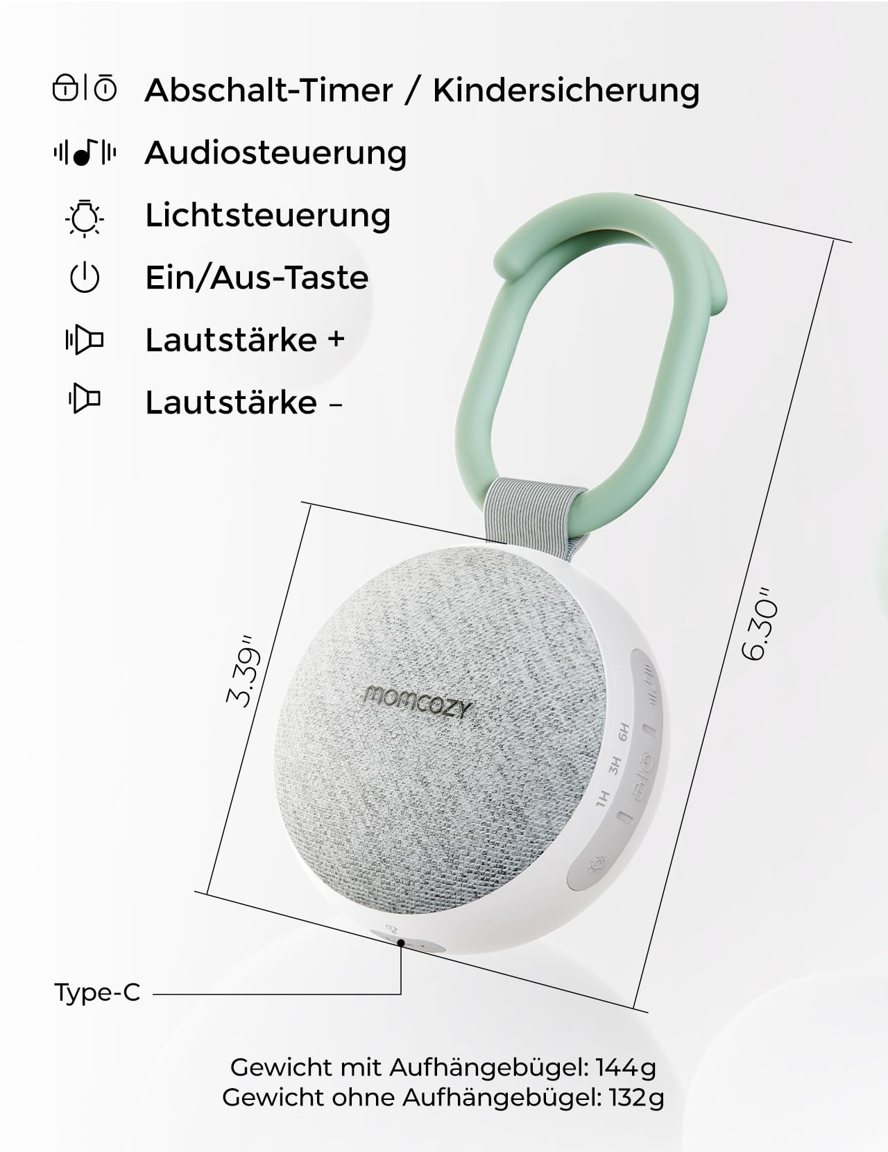 Momcozy Tragbare Soundmaschine mit Nachtlicht, weißes Rauschen Soundmaschine für Baby, 20 beruhigende Geräusche, Klangtherapie, langlebige Leistung, Timer, Clips am Kinderwagen, Babyparty-Geschenke
