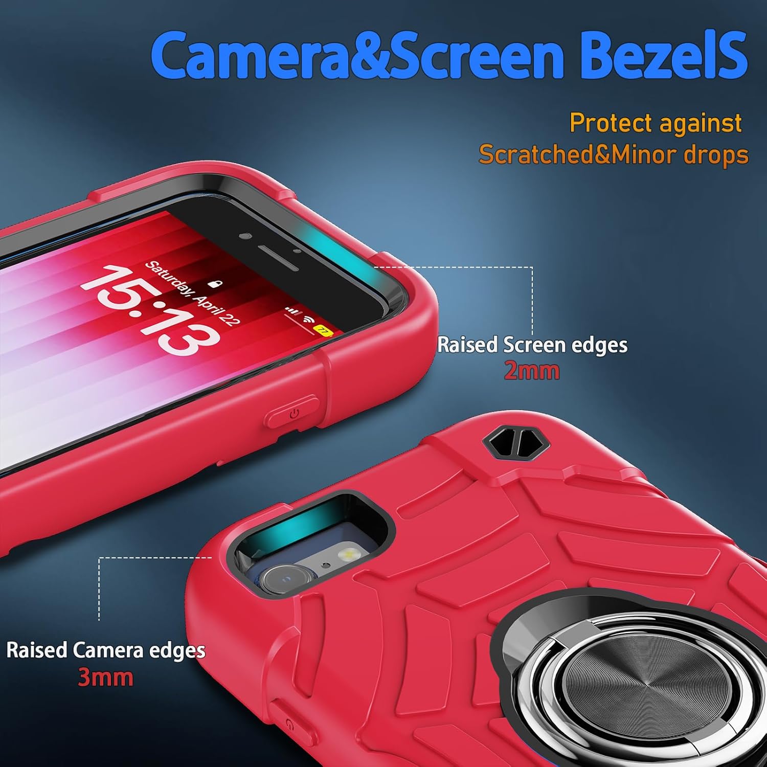 KCJ for iPhone SE Case 2022/2020, iPhone 8/7/6/6S Case, with [2×Screen Protectors][Ring Stand] Soft Silicone+Hard PC Full Body Protection Heavy Duty Phone Case 4.7 inch