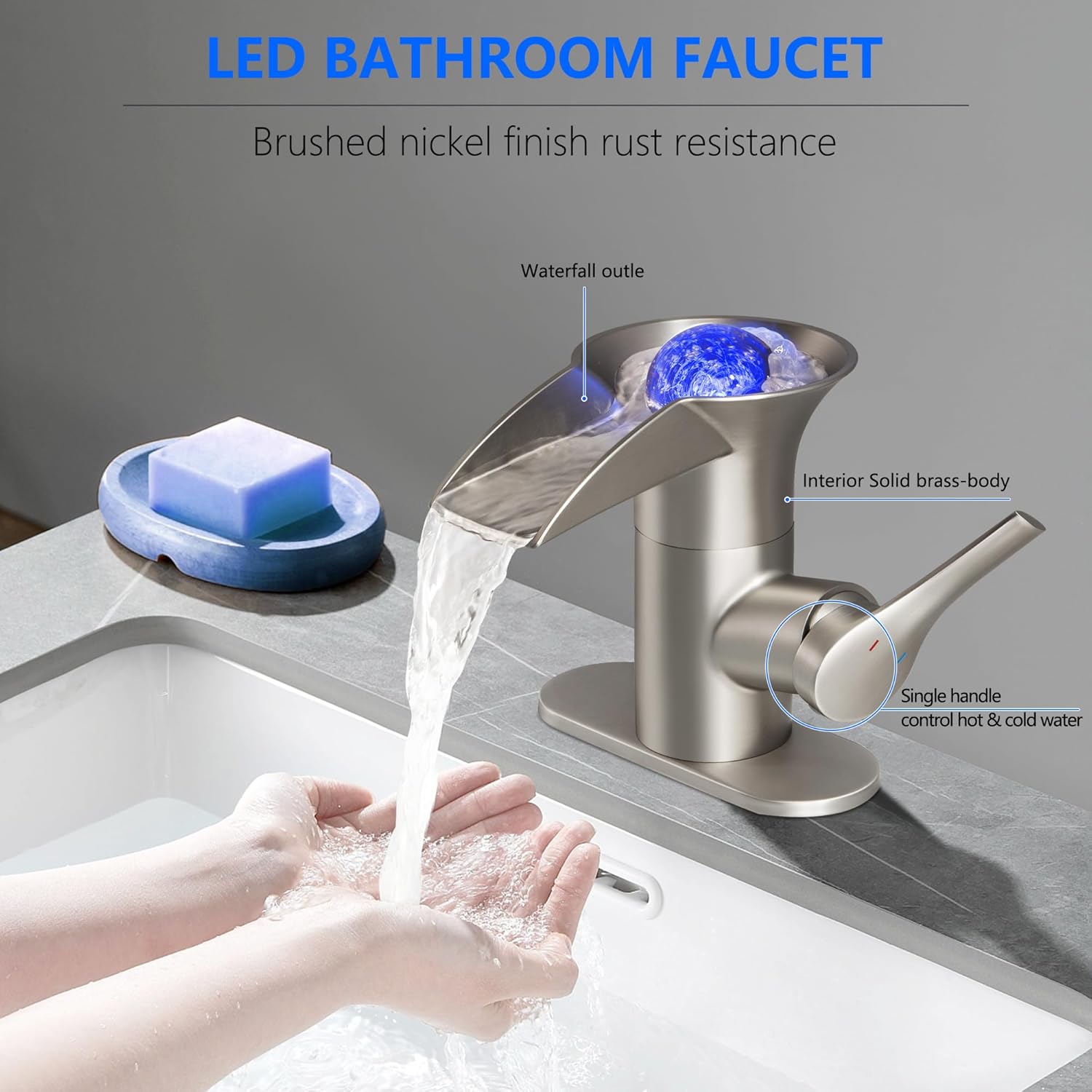 SKOWLL Single Hole Deck Mount Bathroom Faucets LED Free Floating Crystall Waterfall Bathroom Faucet, Brushed Nickel Single Handle Faucets with Lights, Include 6 Inch Panel Sink Centerset