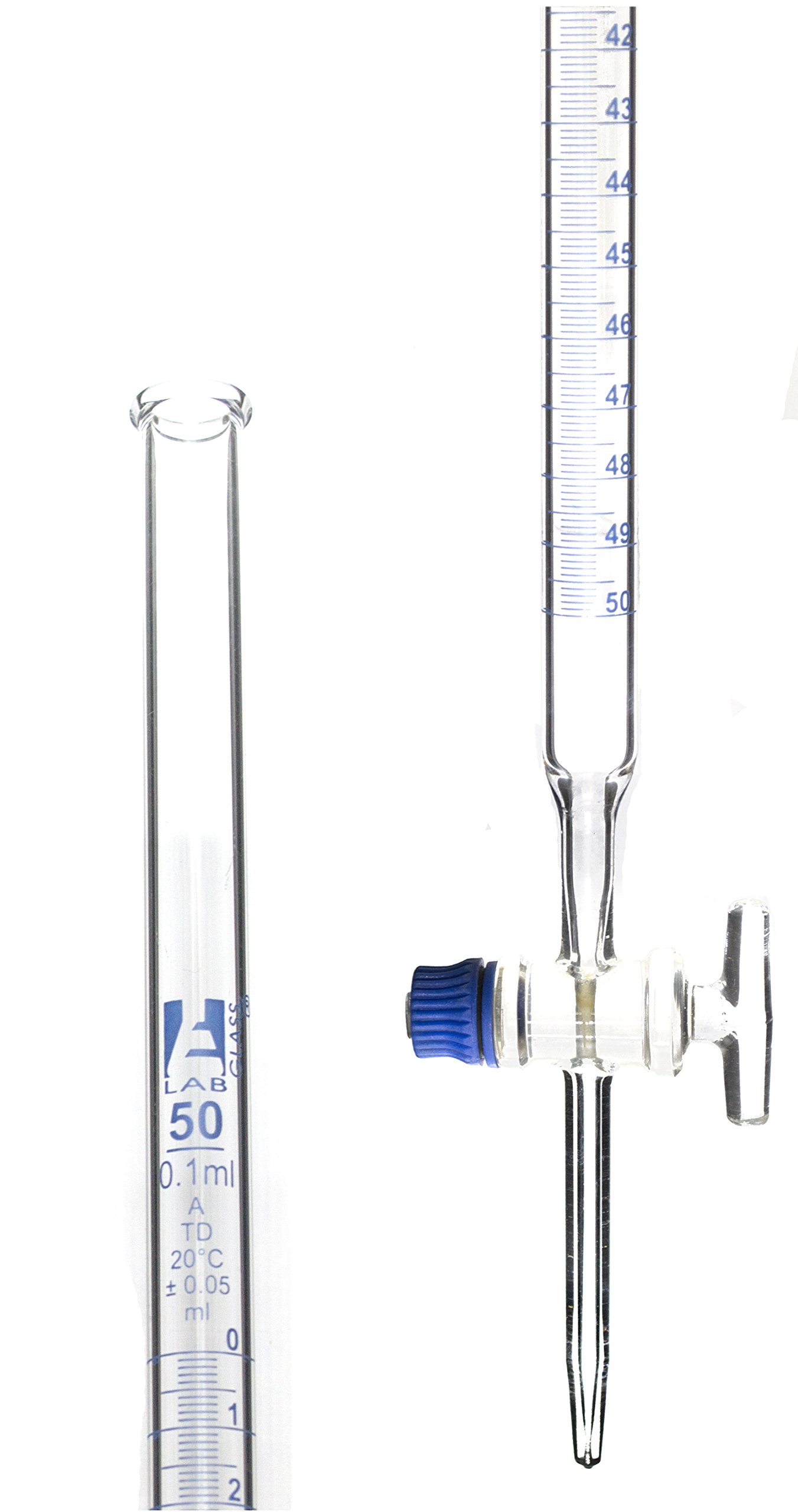 Classe A - Buretta borosilicata da 50 ml – Graduazioni 0,1 ml – Tolleranza 0,05 ml – Chiave in vetro (liscio) rubinetto – 77,5 cm di altezza