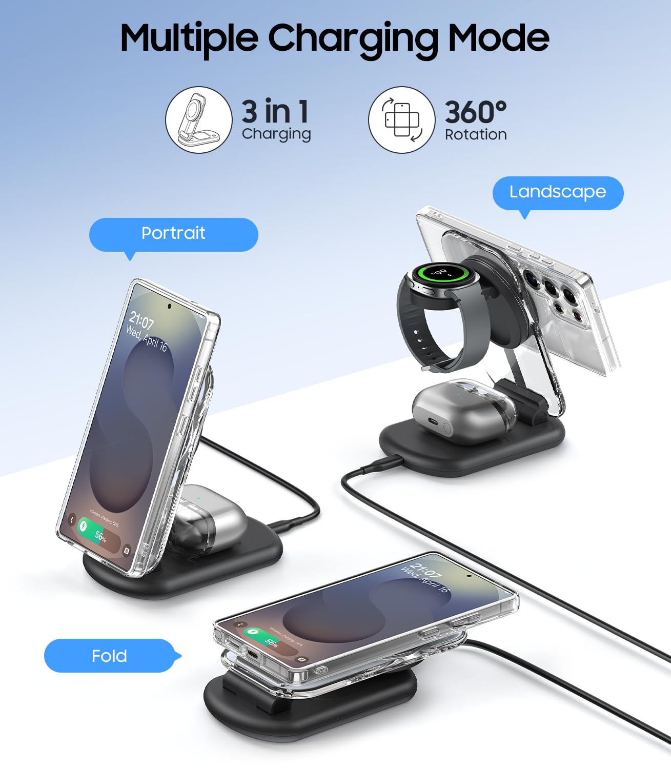 Meifigno Stazione di ricarica wireless pieghevole 3 in 1 per Samsung, supporto magnetico con luce notturna on/off per Galaxy S26/S25/Z Fold 7/Z Flip 7, caricatore per orologio per Galaxy Watch Ultra 8
