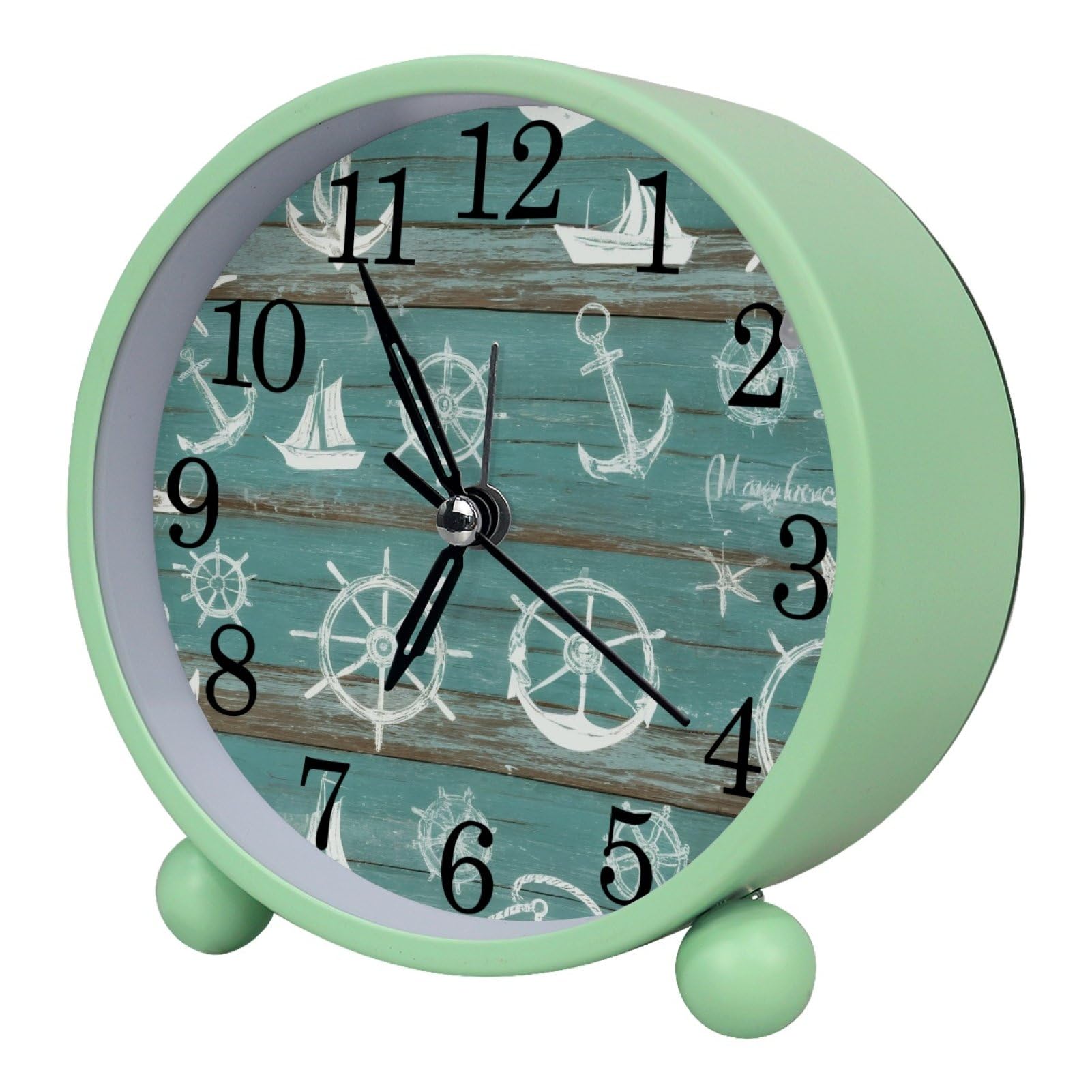 etoenbrc Rural Nautical Rudder Anchors Round Battery Operated Bedside Alarm Clock Non-Ticking Desktop Silent Analog Alarm Clock with Light