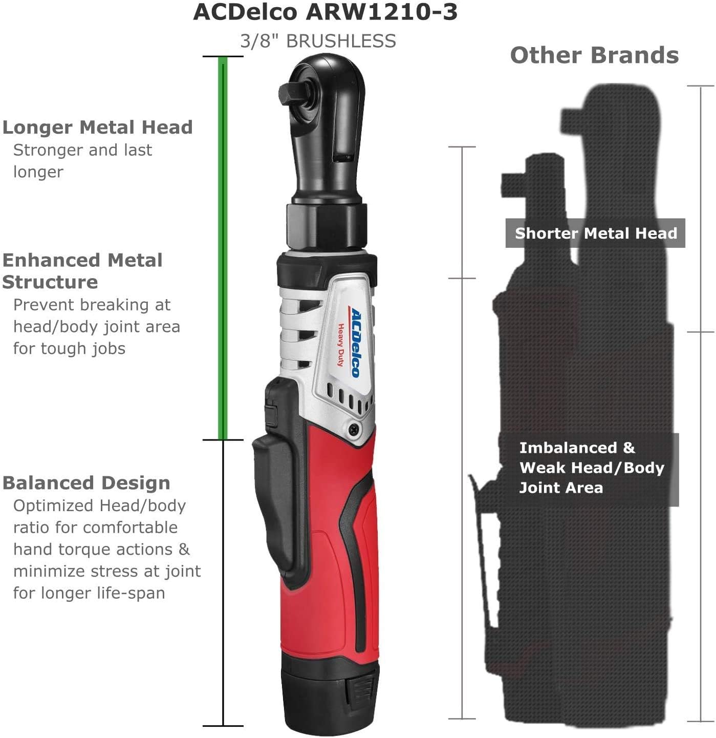 ACDelco G12 Series 3-Tool Cordless Combo 3/8" Brushless Ratchet Wrench + 2-Speed Drill/Driver+ Impact Driver, 2-battery, ARW12103-K11