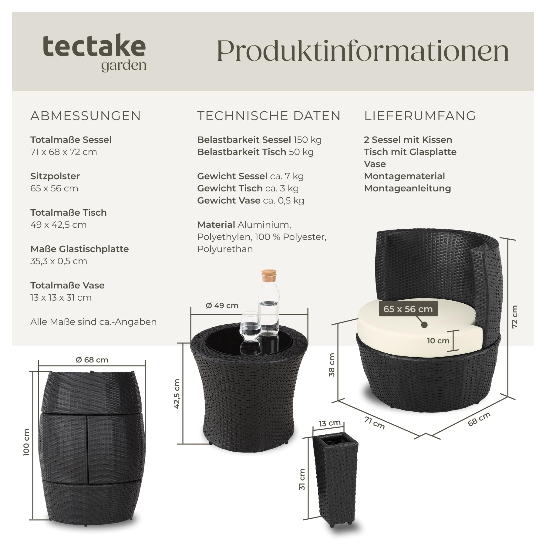 tectake® Rattan Set 2 Personen, Balkonmöbel, Aluminium Gartenmöbel Set, Outdoor Sitzgruppe mit 2X... Ansicht 6
