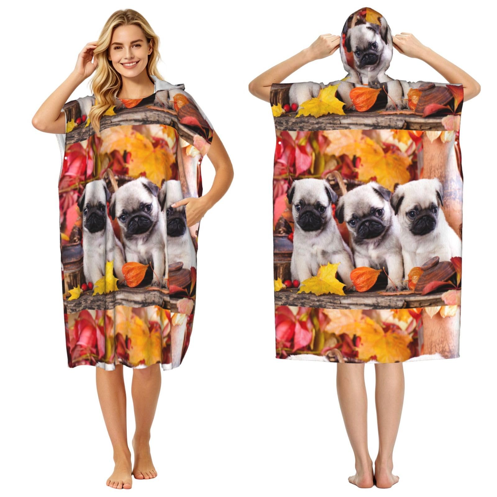 Puppys Pug, Adult Hooded Beach Towel 90 x 110 cm,Changing Bath Robe, Surf Poncho Towel For Women Men
