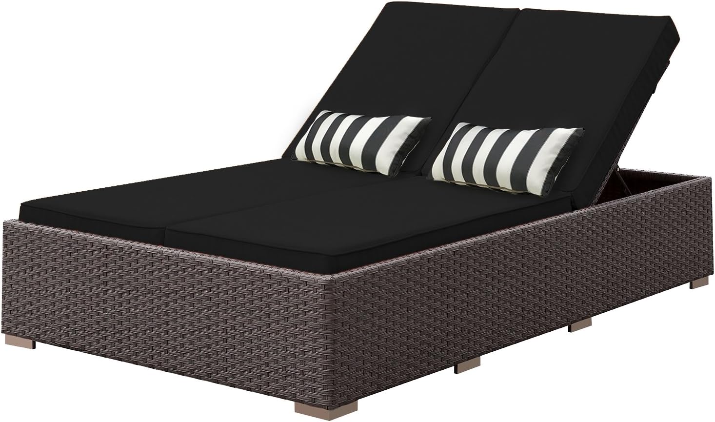 SOLIS Patio Benitto Outdoor Double Chaise Lounger Sun Chair, Black Cushions, Stone Brown/White