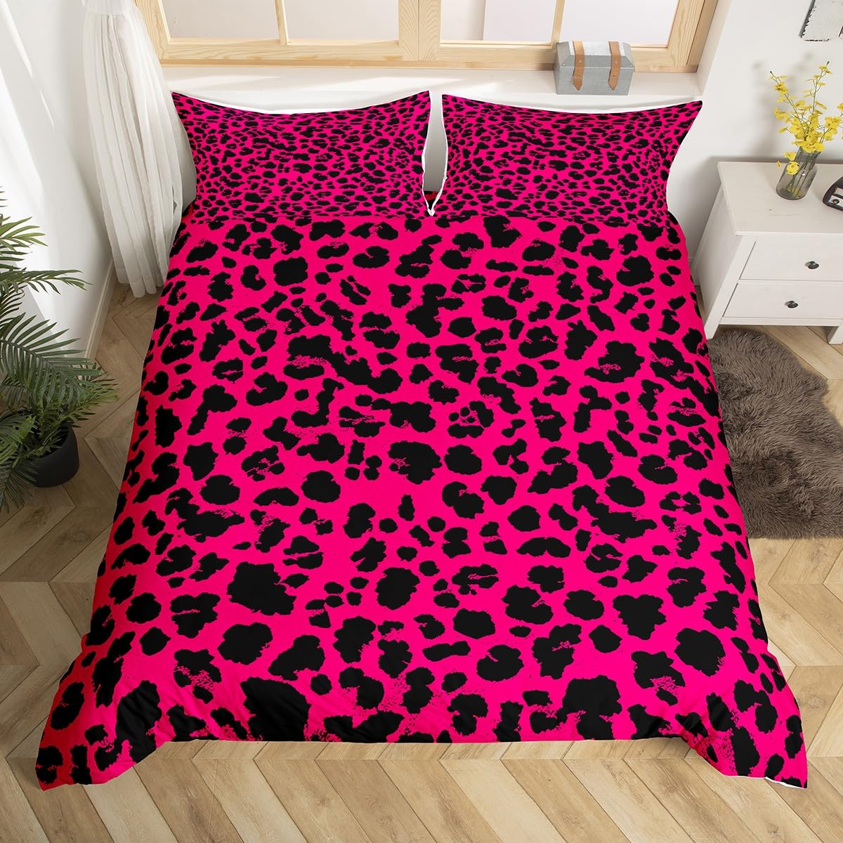 Homemissing Dark Rose Leopard Duvet Cover Set Double Size Cheetah Bedding Set for Girls Women Animal Print Duvet Cover with 2 Pillowcases Safari Bedroom Decor,Zipper Closure