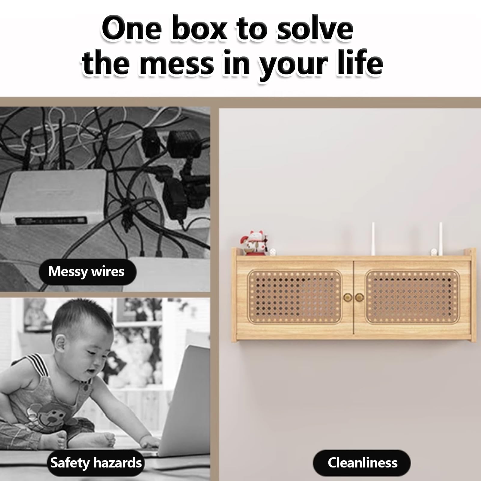 Scatola portaoggetti da parete in legno per router WiFi, portaoggetti nascosto per modem e router, elegante organizer per ufficio e casa