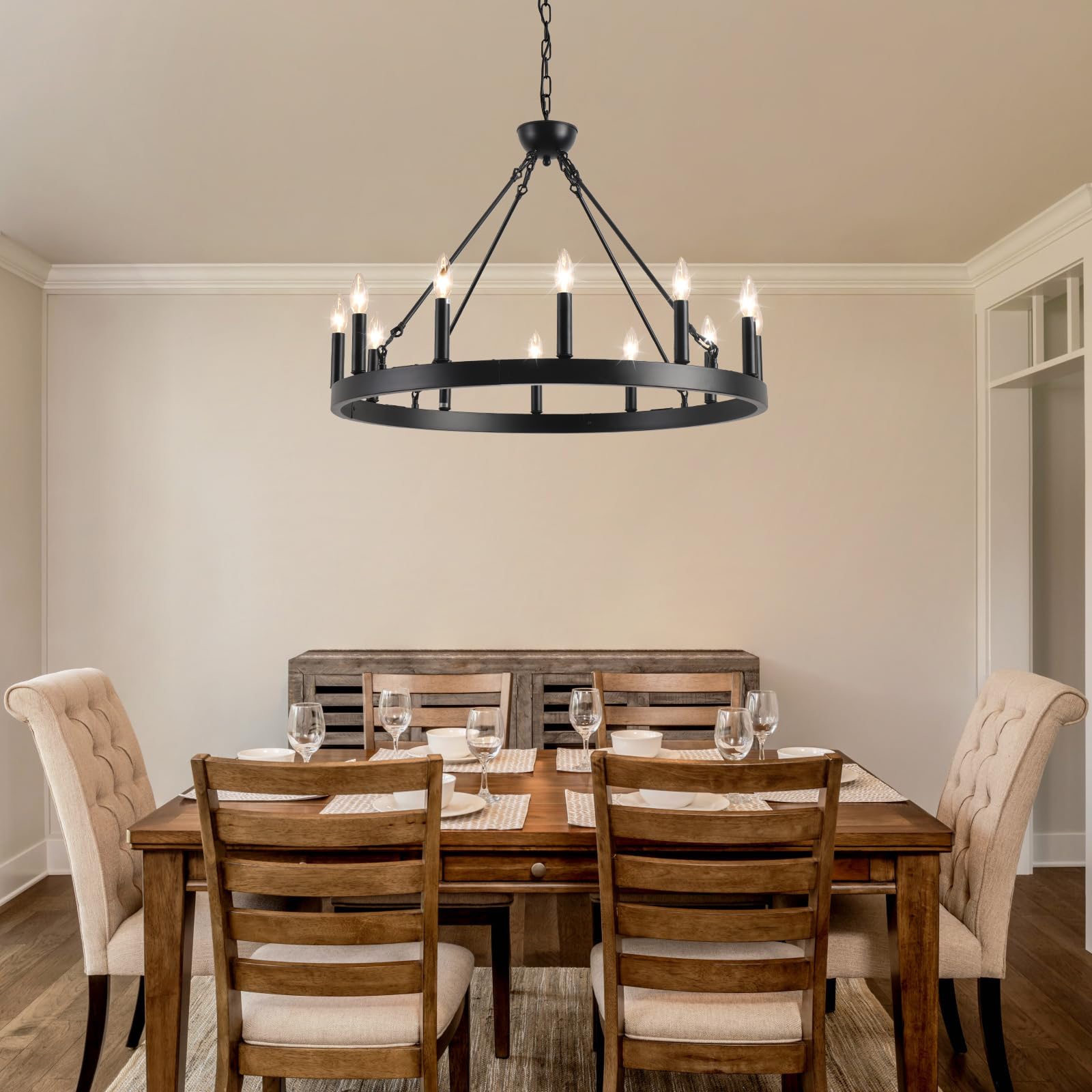 wagon wheel chandelier 32" 12-light, round black chandeliers farmhouse modern wagon wheel light fixtures, for high ceiling dining living room, foyer, entryway